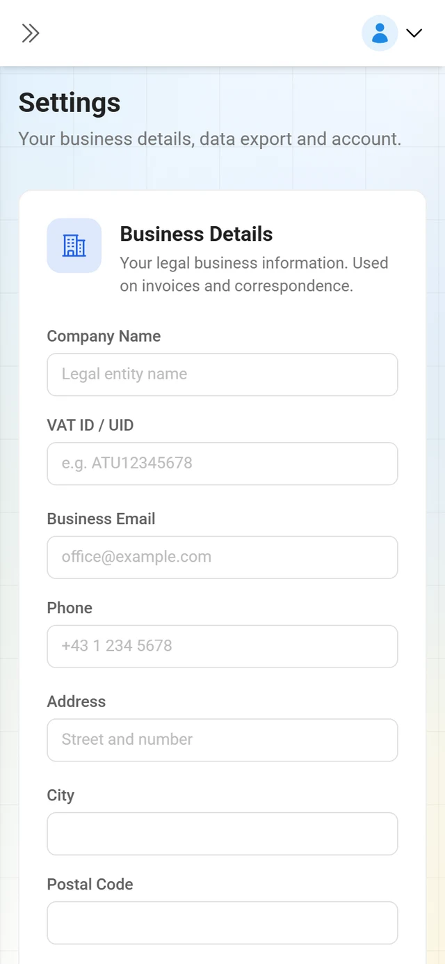 Settings page with the Business Details form