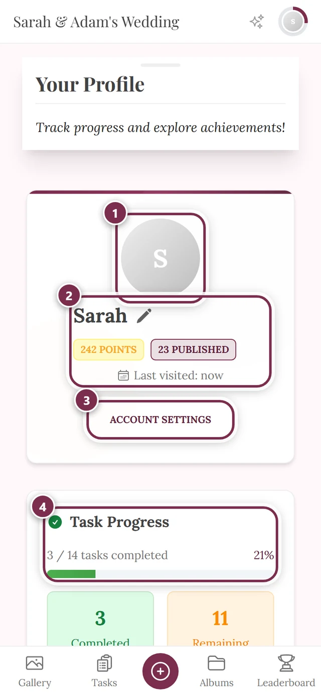 Profile page with points, achievements and rank