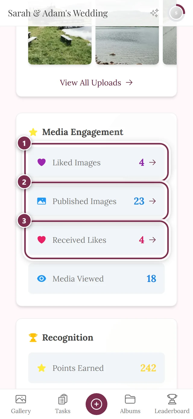 Stat cards with three markers on the media engagement card