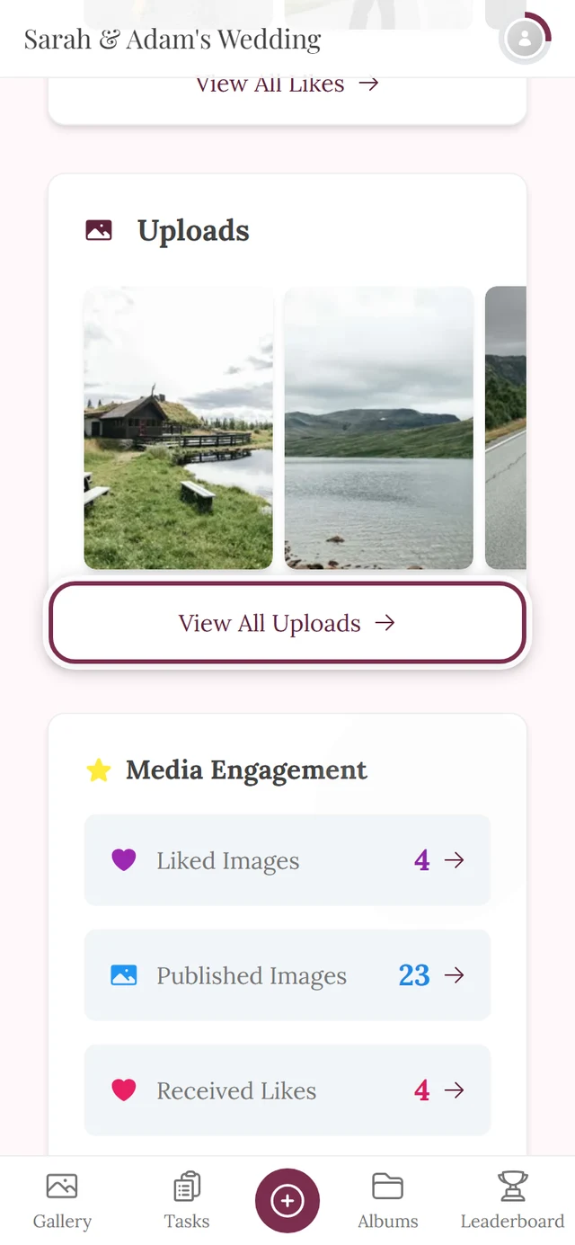 Profile page, Uploads section with the View All Uploads link highlighted