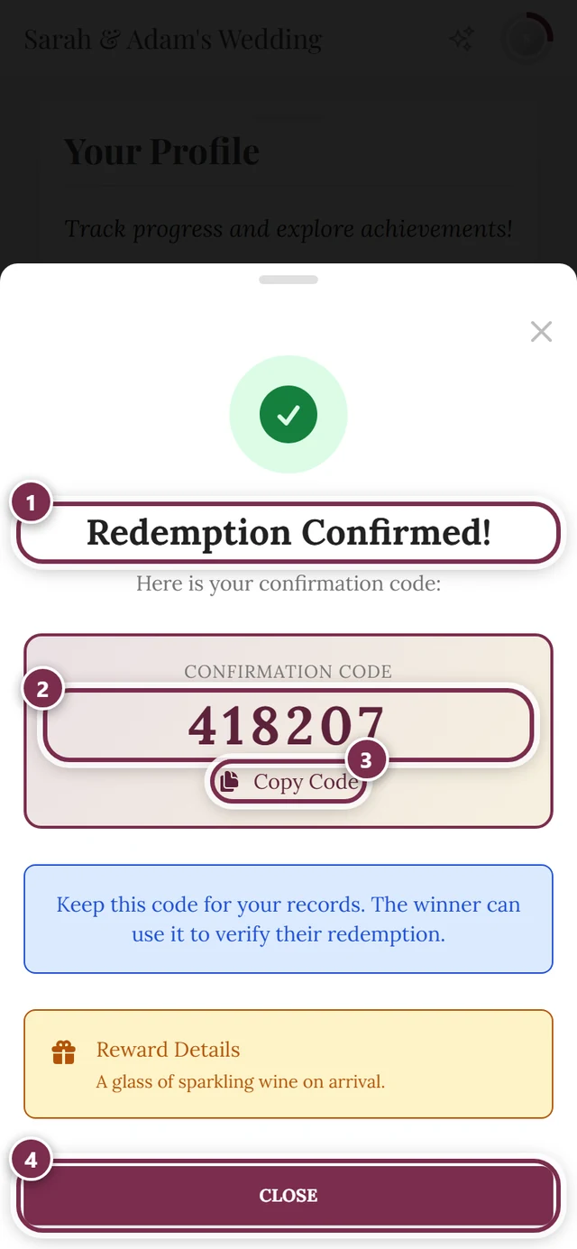Success dialog with the six-digit confirmation code and four markers