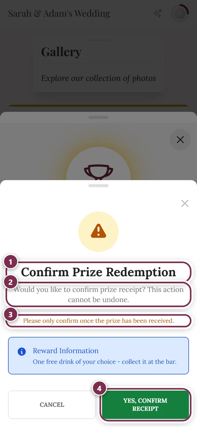 Warning dialog “Confirm Prize Redemption” with four markers