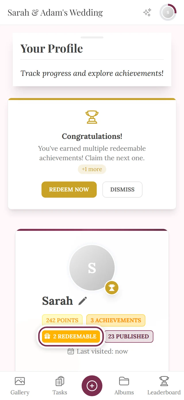 Profile header with the “2 redeemable” chip highlighted