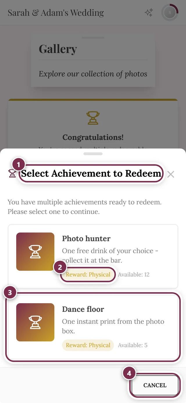 Selection dialog with two reward cards and four markers