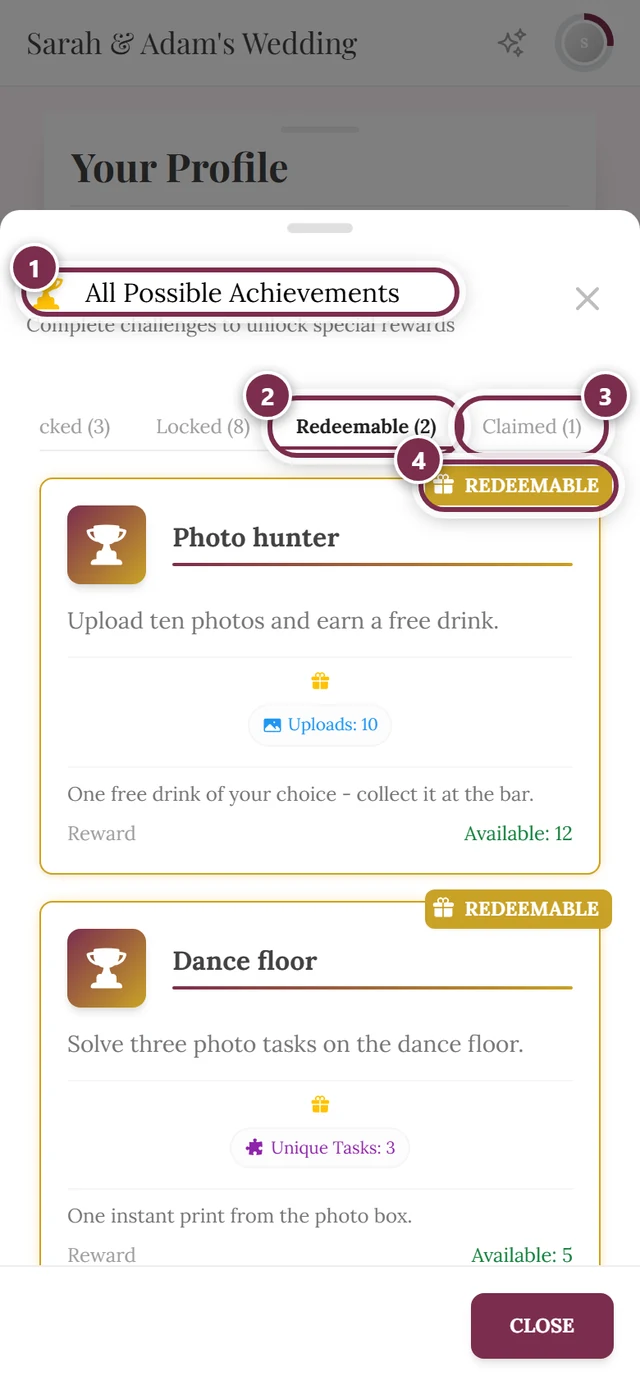 Achievements dialog with the tabs All, Unlocked, Locked, Redeemable and Claimed