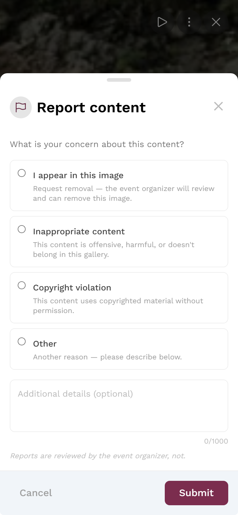 Report dialog with the list of reasons