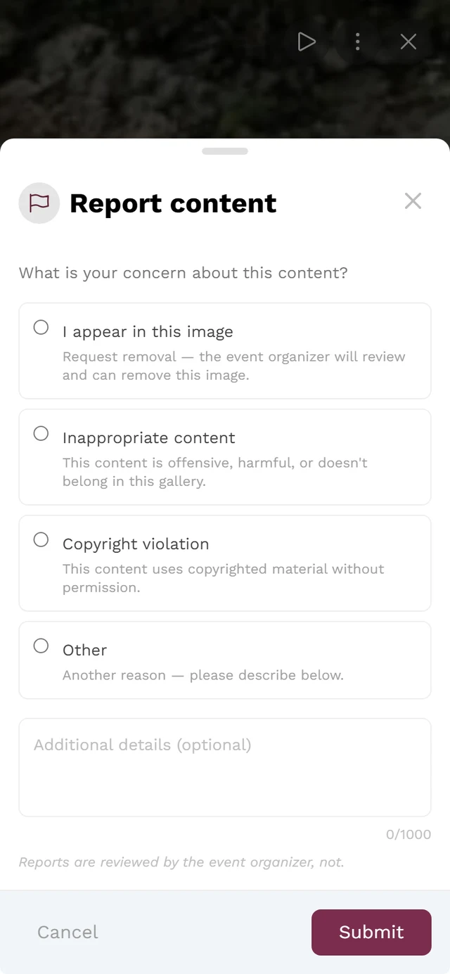 Report dialog with the list of reasons
