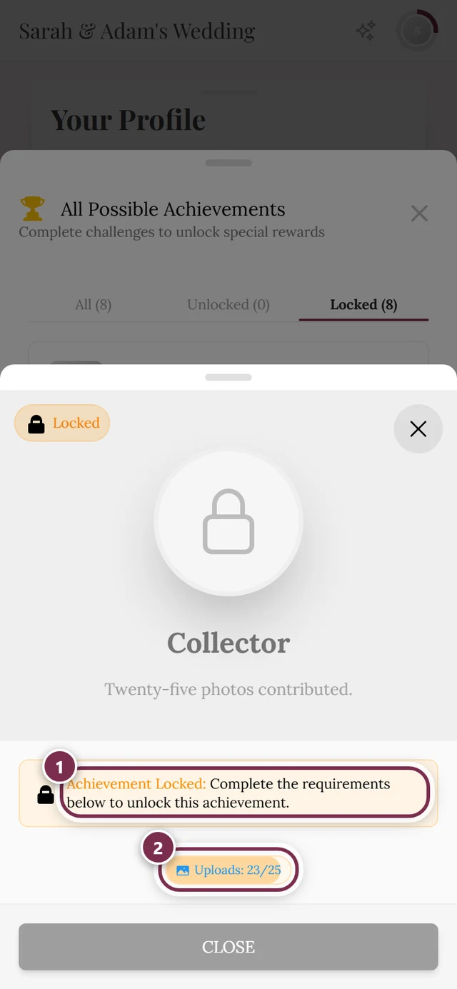 Dialog of a locked achievement with the info box and the requirement list highlighted in red