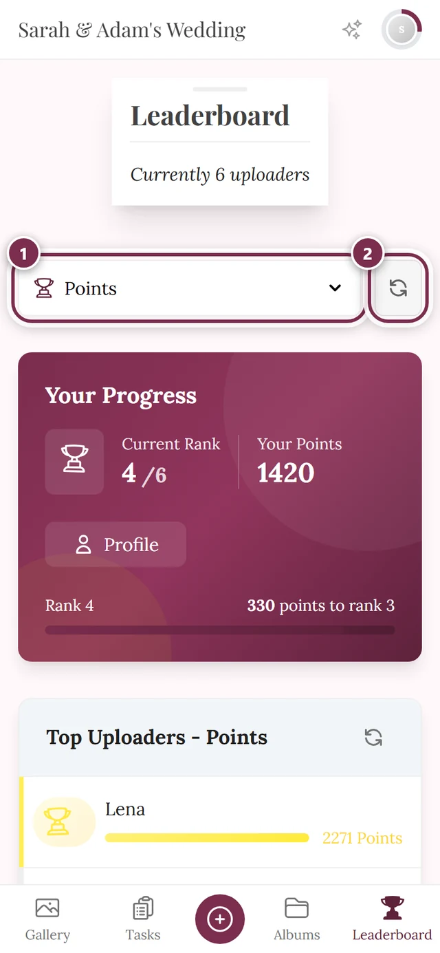 Leaderboard header with the metric selector and the refresh button highlighted in red