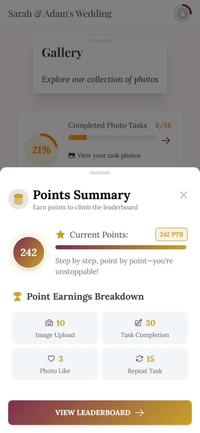 Points Summary dialog with the point circle and the four tiles of the Point Earnings Breakdown