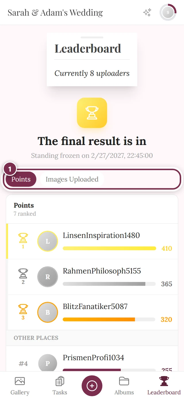 Chip row with Points and Images Uploaded above the winners list