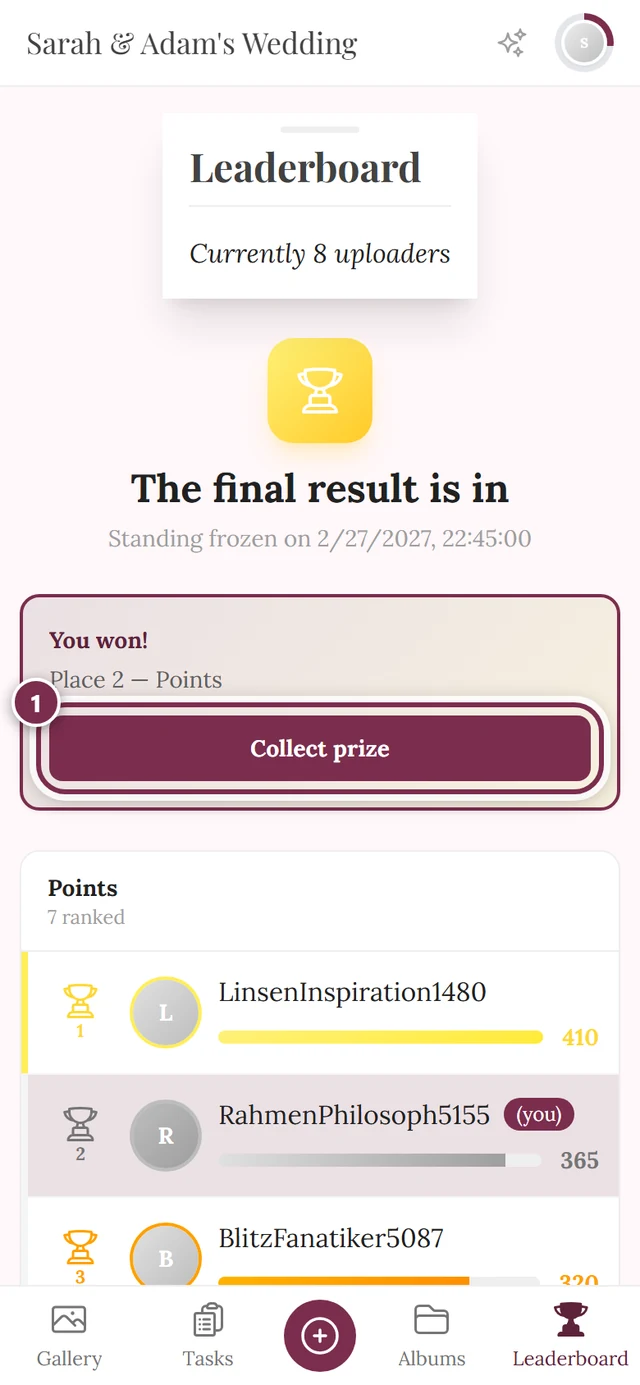 You won card with the placement and the Collect prize button