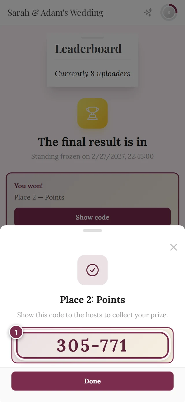 The dialog showing the six-digit code with the Done button below