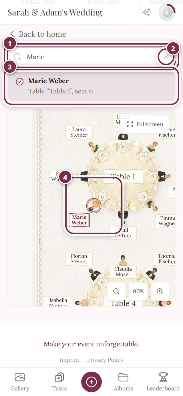 Seating search with the hit Marie Weber and Table 1, seat 6