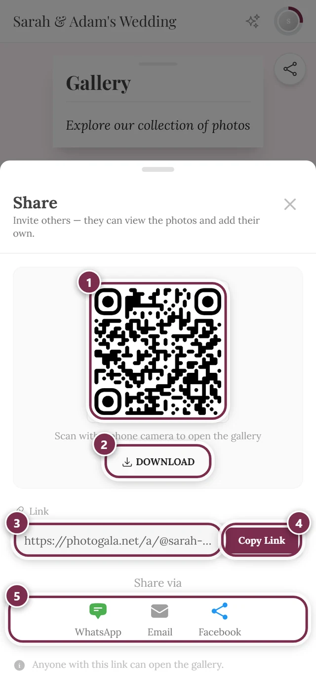 Share dialog with QR code, Download button, link field, Copy Link and the direct buttons