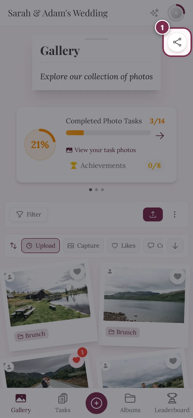 Gallery with the round share icon highlighted in the top right