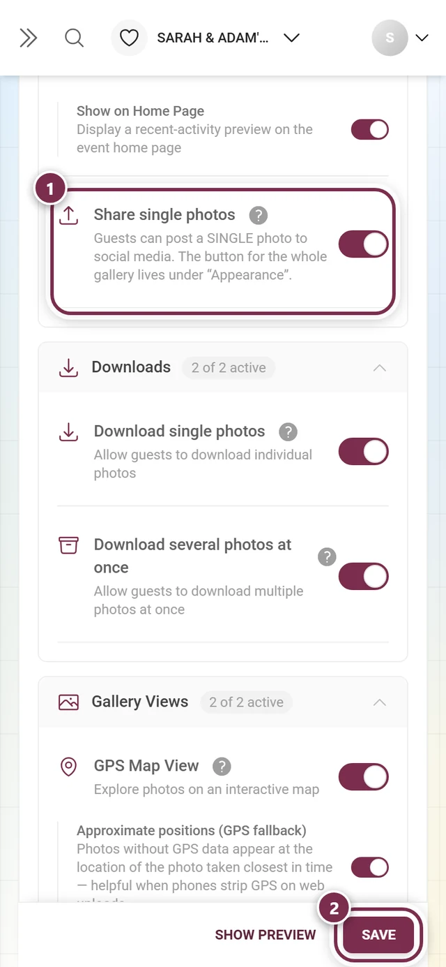 Gallery features tab with the Share single photos toggle highlighted
