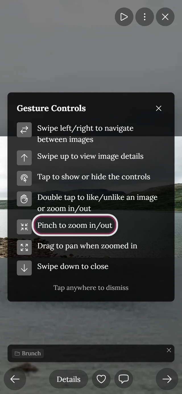 Gesture help overlay in full-screen view with the pinch row highlighted