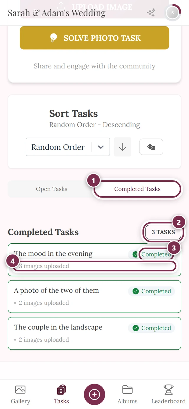 Completed Tasks tab with four markers: active tab, counter, Completed badge, number of your own images