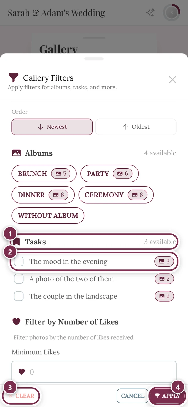 Gallery Filter dialog with four markers: Tasks section header, first checkbox, Clear, Apply