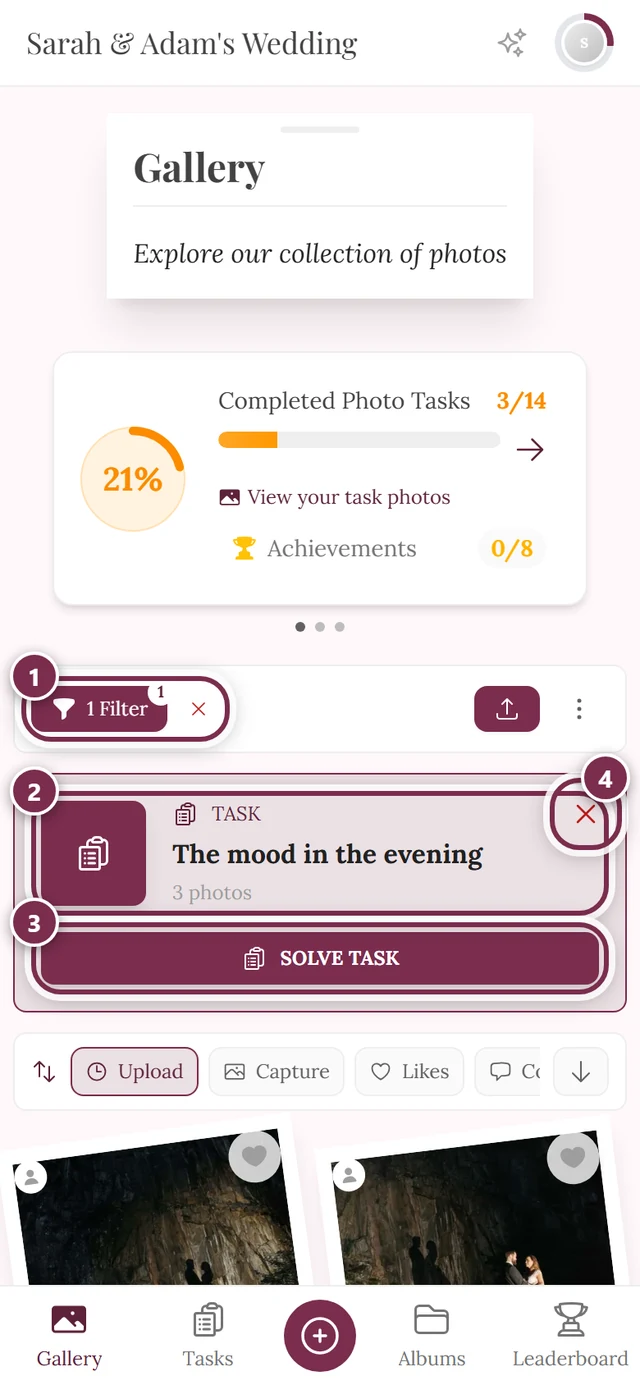 Gallery filtered to one task with four markers: filter chip, task header, Solve Task button, X to remove