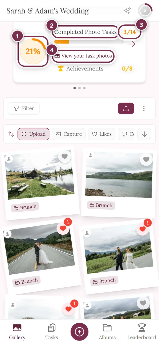 Progress card above the photo grid with four markers: progress ring, heading, number pair, link to your own task photos