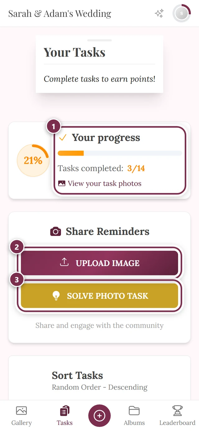 Tasks area with three markers: progress, upload image, solve photo task