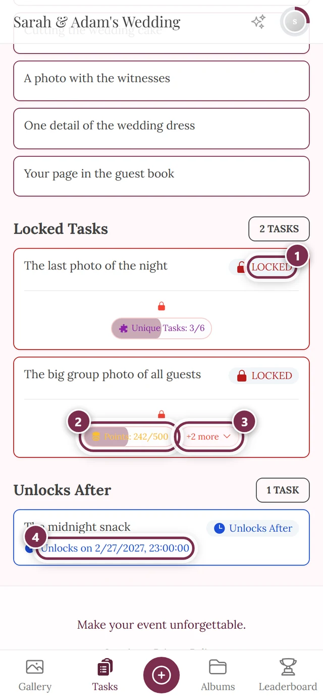 Locked tasks section with four markers: LOCKED badge, condition chip, chip for the remaining conditions, date line