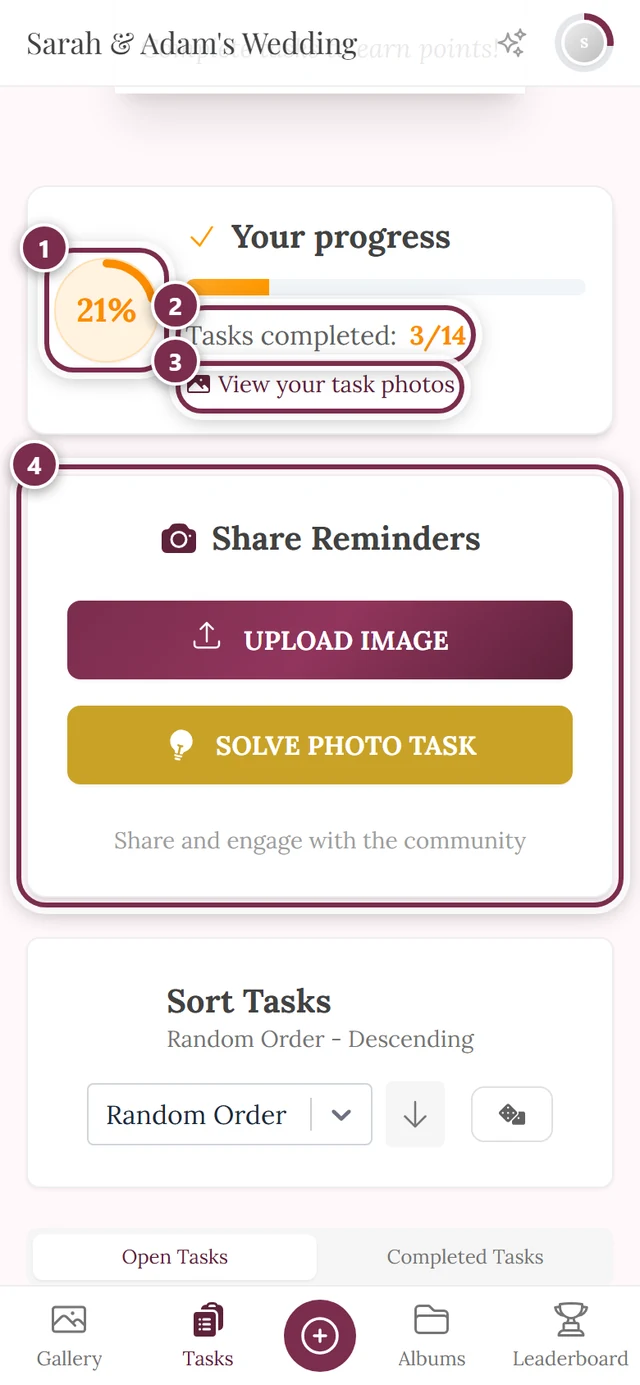 Top of the tasks page with four markers: progress ring, Tasks completed line, link, Share Reminders card