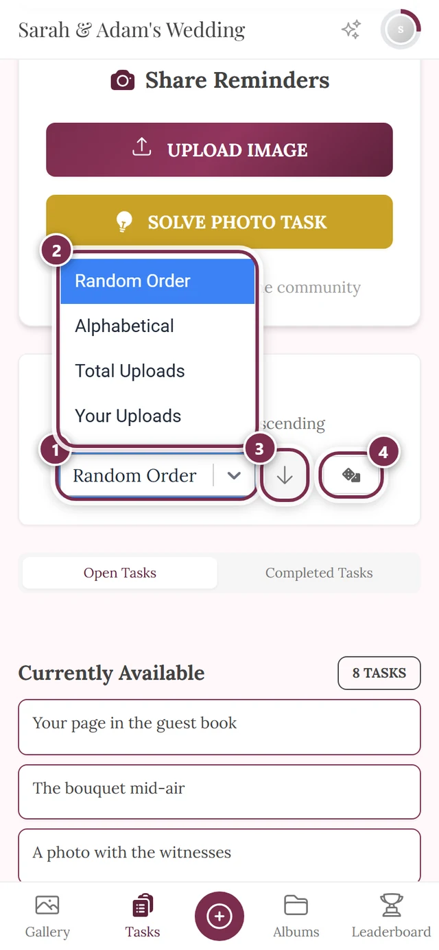 Open sorting select with four markers: select, option list, direction arrow, Reshuffle