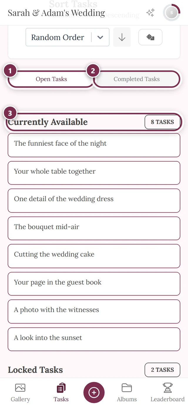 Tasks page with three markers: Open Tasks tab, Completed Tasks tab, header row of the first section