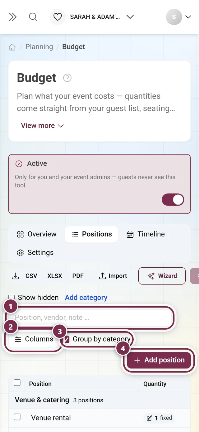 Toolbar above the position table with search, columns, grouping and add position