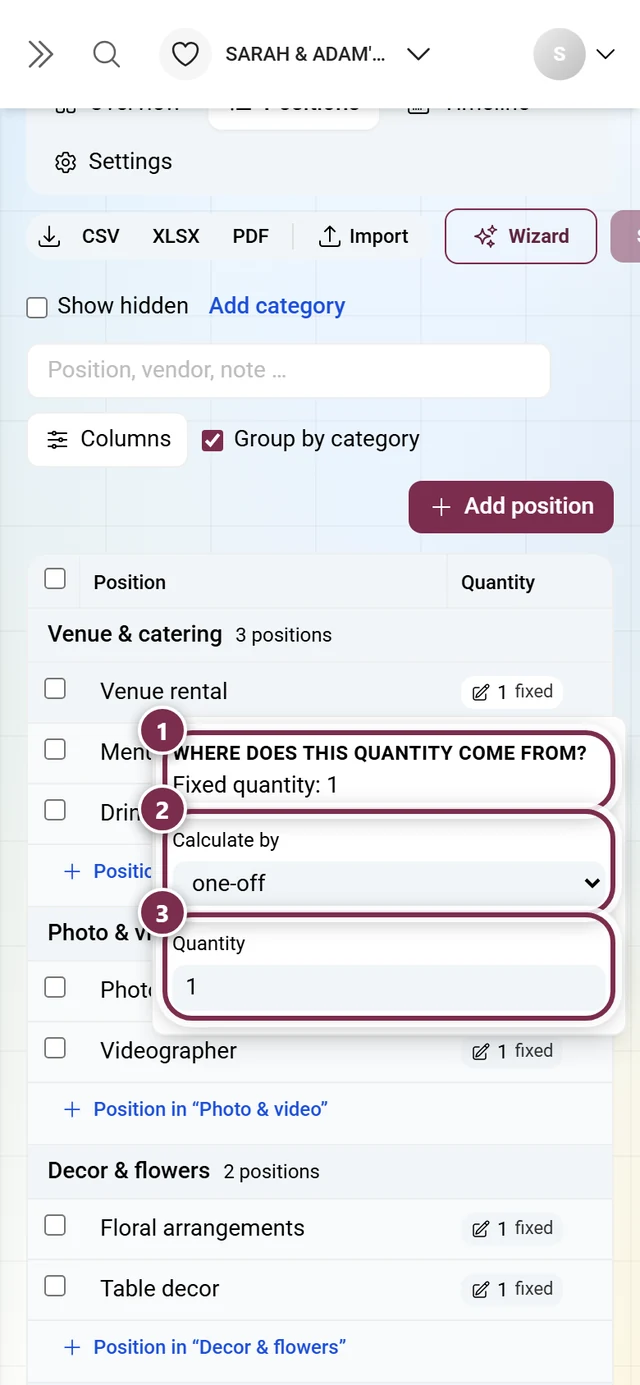 Opened quantity menu with the explanation, the driver dropdown and the quantity field