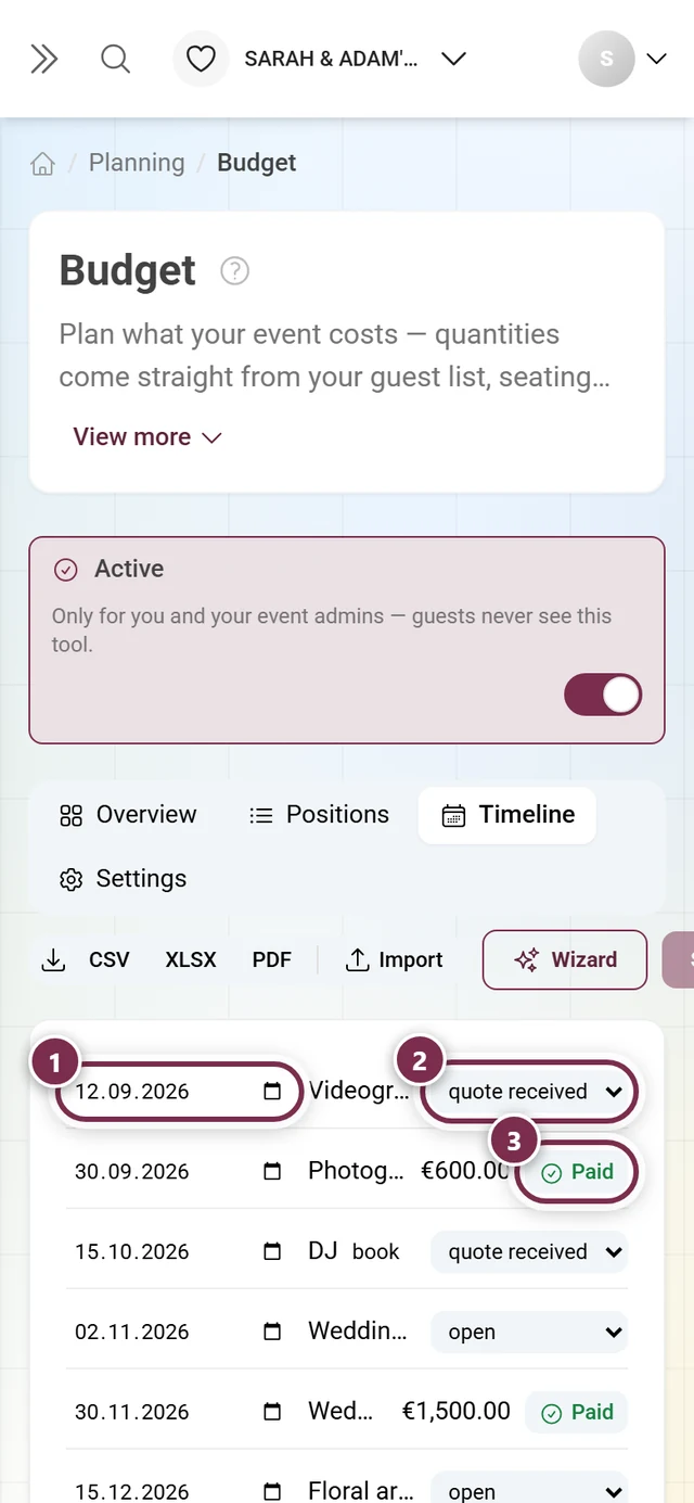 Timeline with deadline, status of a booking and the Paid button on an instalment
