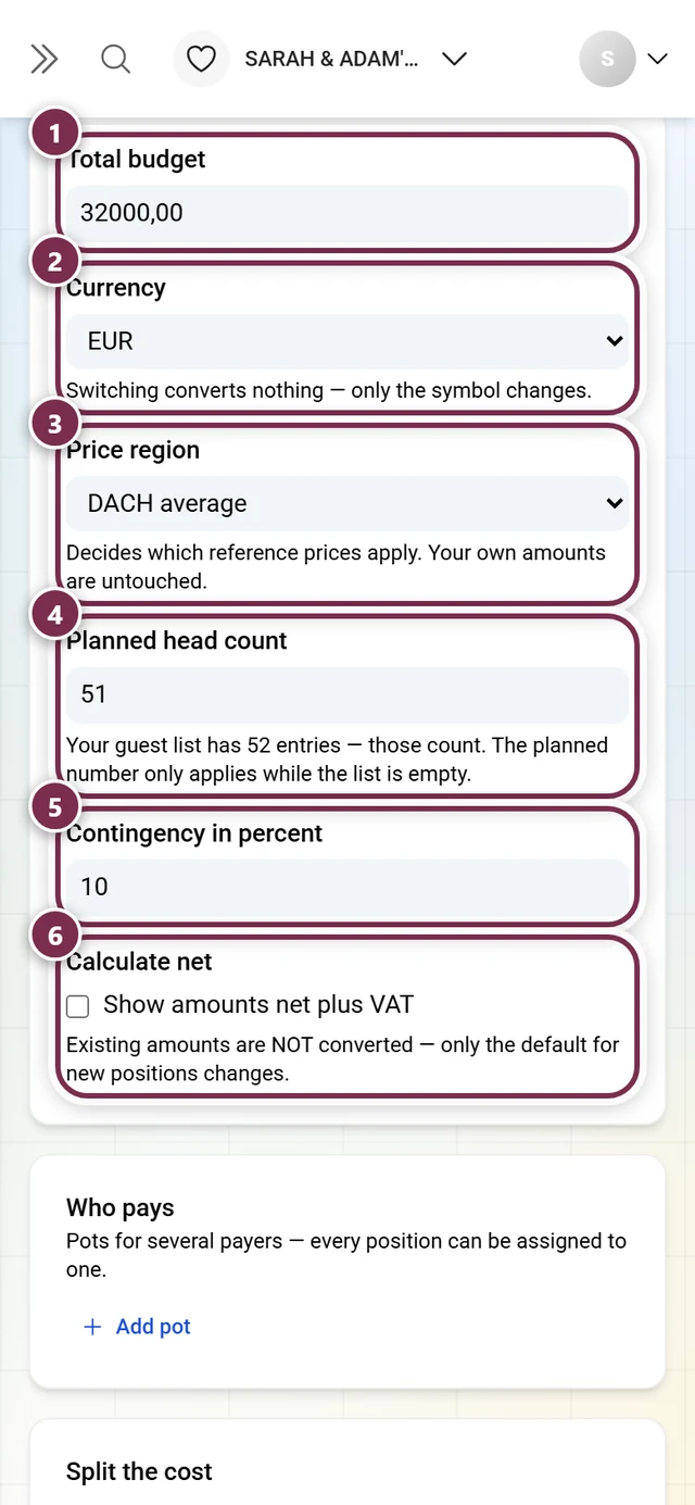 Budget settings with total budget, currency, price region, guest count, contingency and net switch