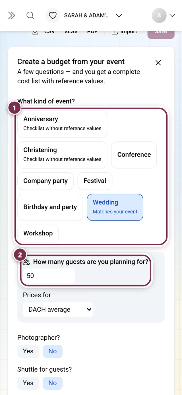 Wizard with the event kind tiles and the question about the guest count