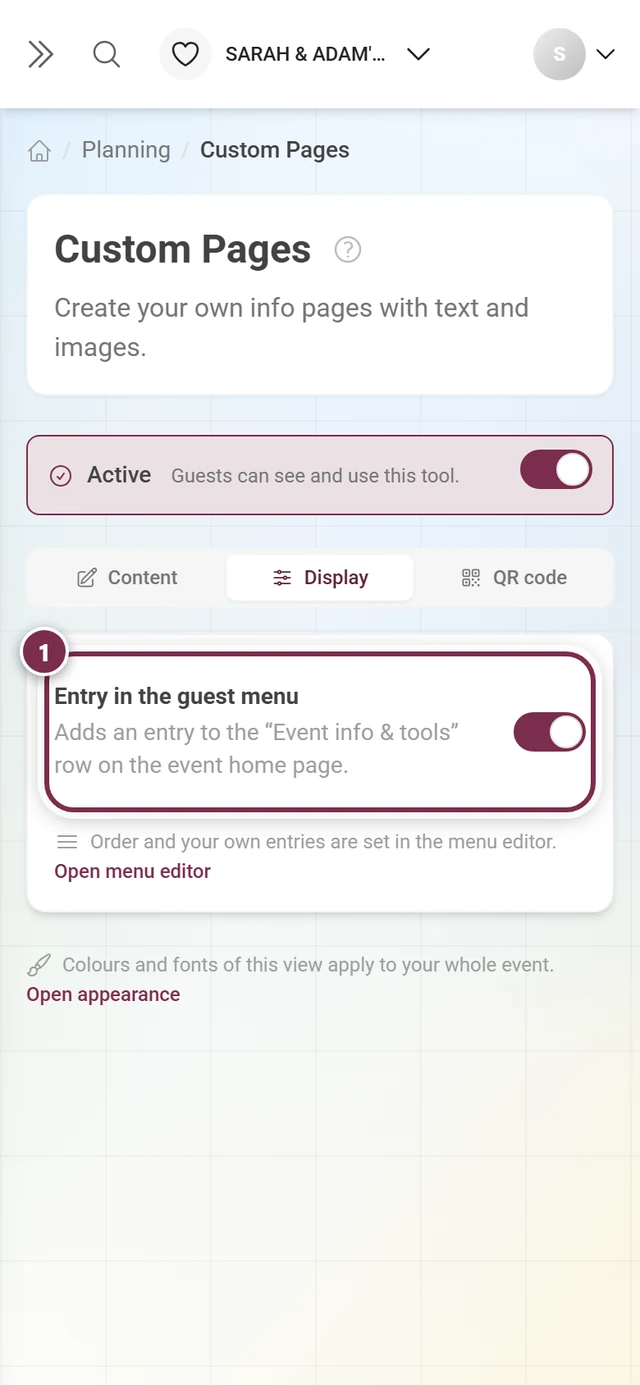 Display tab of Custom Pages with the Entry in the guest menu switch highlighted