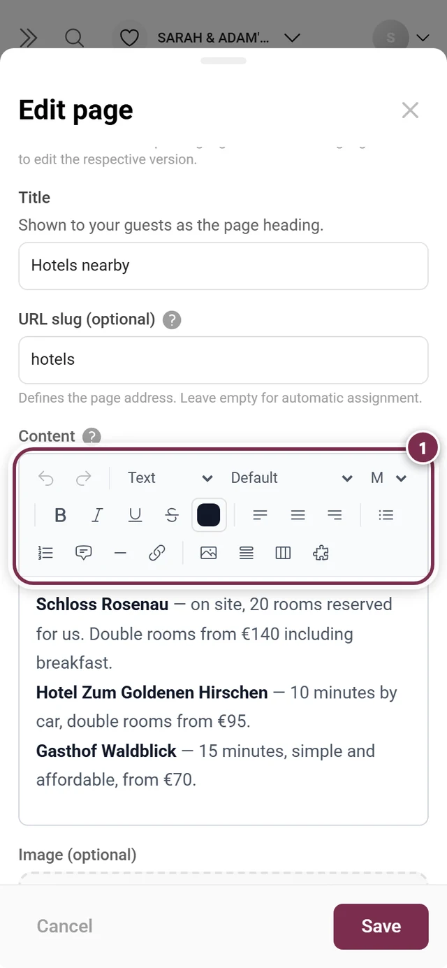 Page dialog with the rich text editor toolbar highlighted