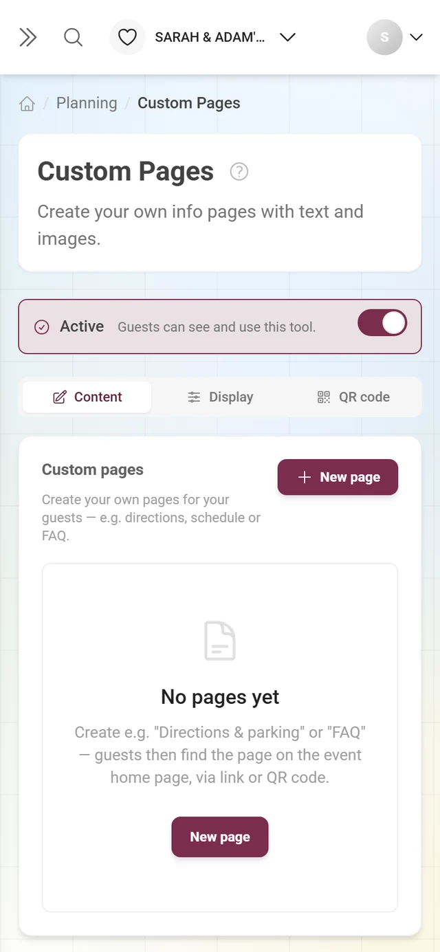 Empty state of Custom Pages with the note No pages yet and the New page button