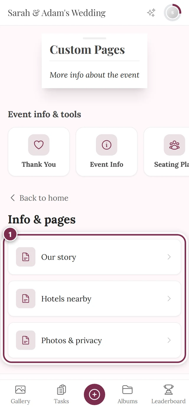 Info and pages overview in the guest view with three entries