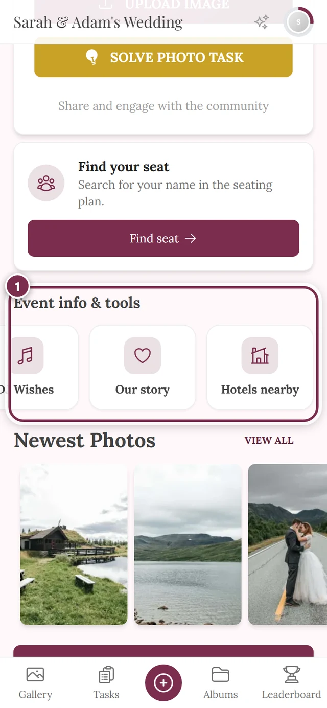 Event info and tools row on the guest home page with the card of a custom page highlighted