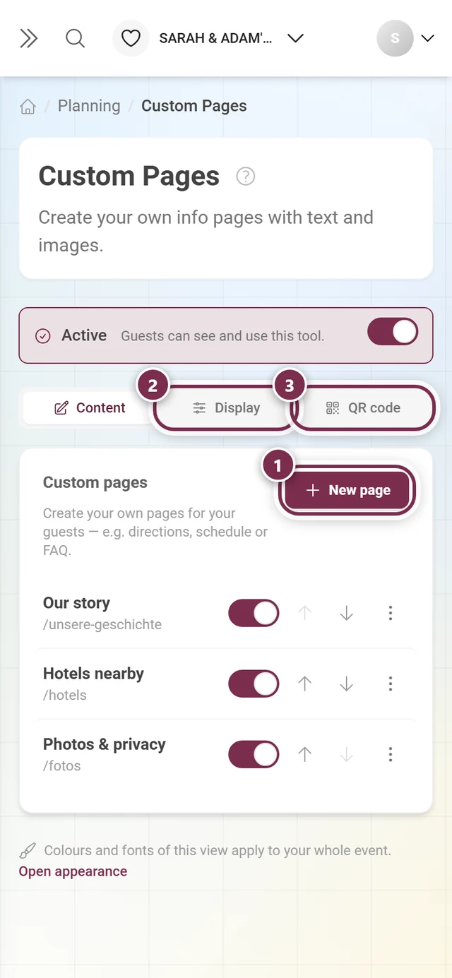 Header of Custom Pages with the New page button and the Display and QR code tabs highlighted