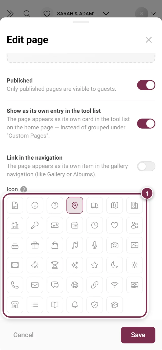 Icon picker in the page dialog with forty-one icons, the map icon selected
