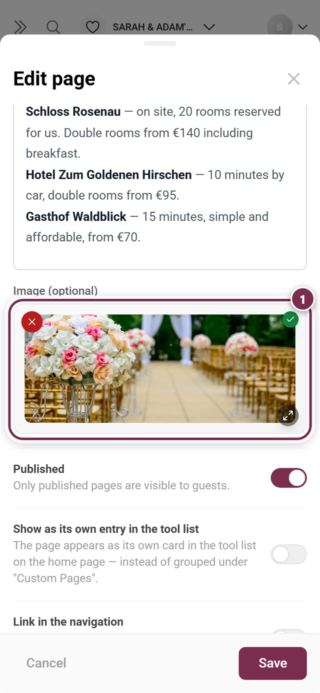 Page dialog with the image area highlighted and a sample photo selected