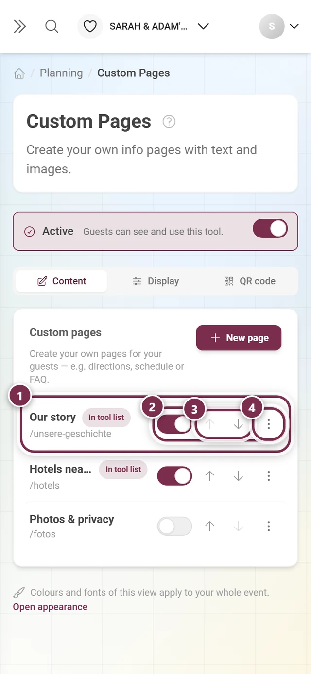 List of three custom pages with a row, the published switch, the arrows and the three-dot menu highlighted