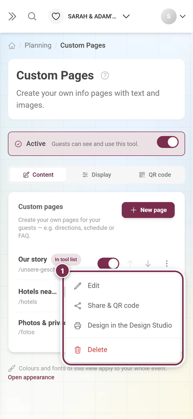 Opened three-dot menu of a page with four entries