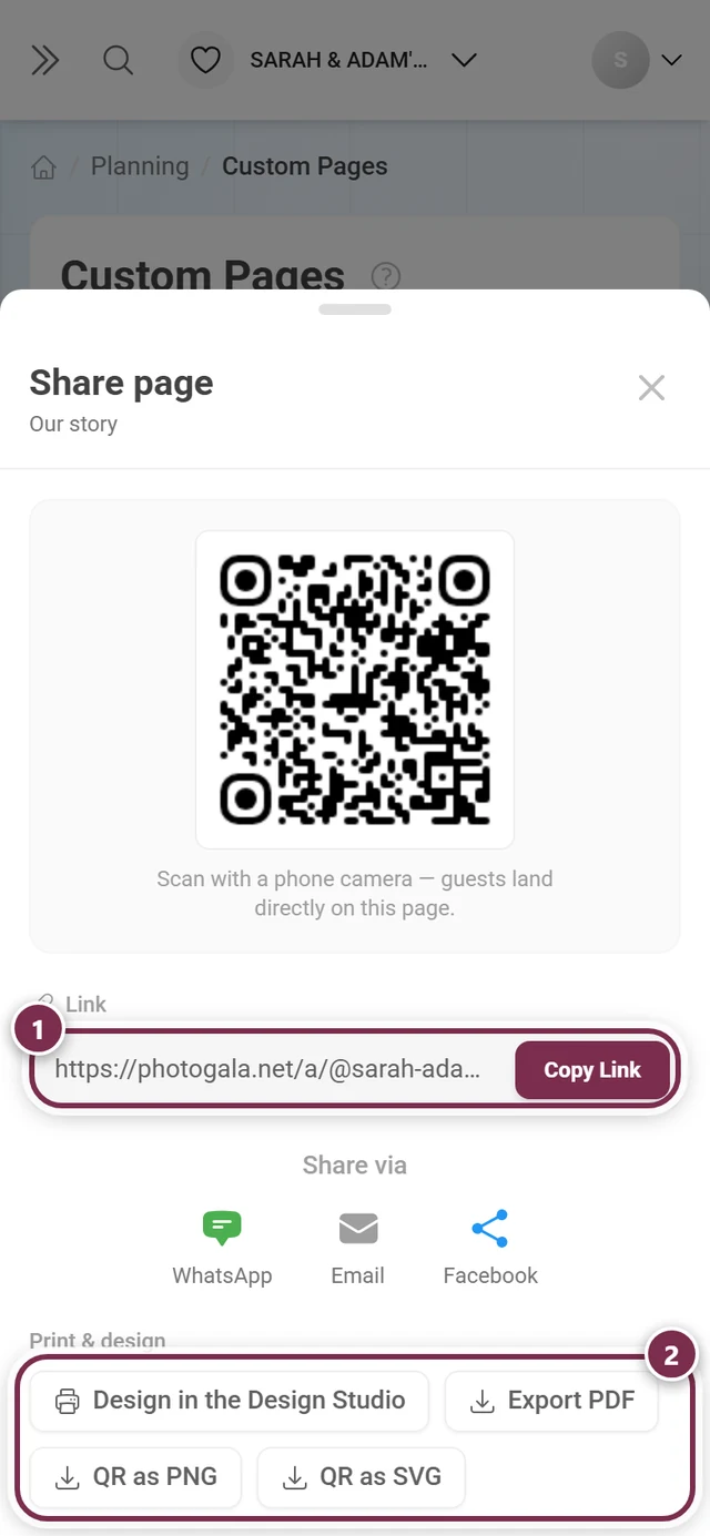 Share dialog of a custom page with the link row and the four print and design buttons highlighted
