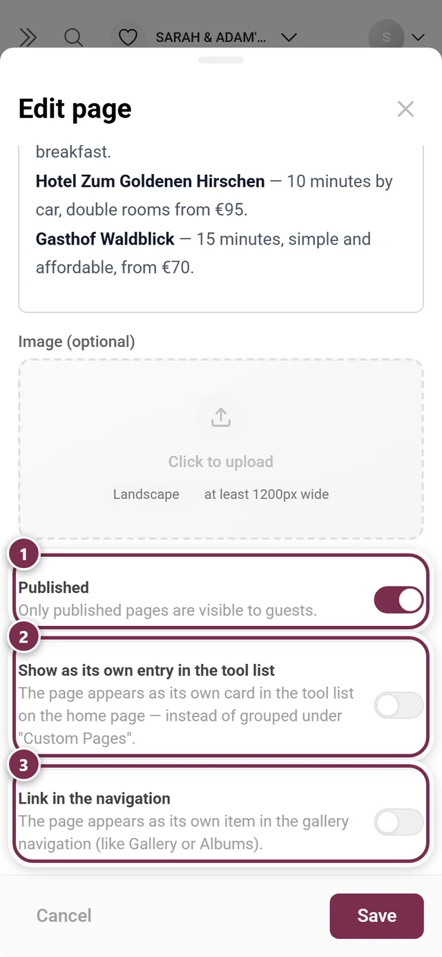 The three switches of the page dialog, each highlighted separately