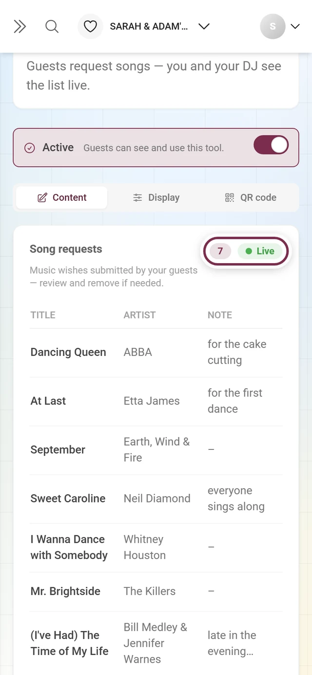 Song requests heading with the total count and the Live chip highlighted