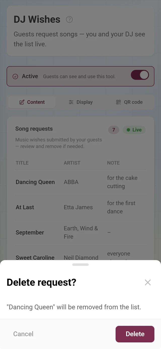 Delete request confirmation naming the request in question